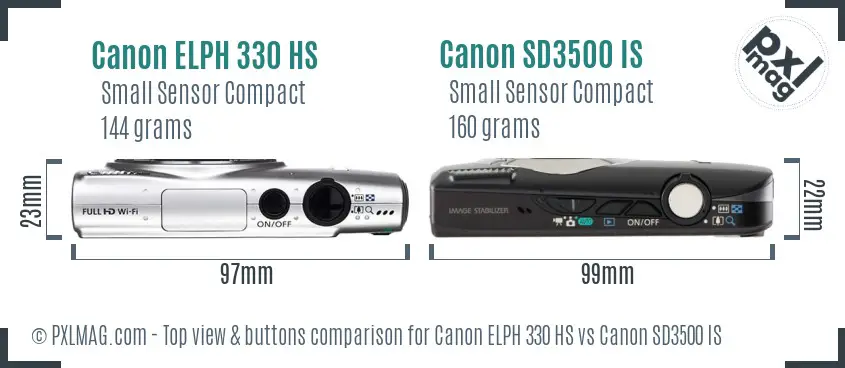Canon ELPH 330 HS vs Canon SD3500 IS top view buttons comparison