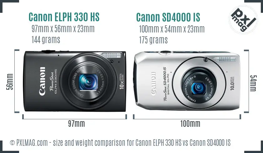 Canon ELPH 330 HS vs Canon SD4000 IS size comparison Canon ELPH 330 HS vs Canon SD4000 IS size comparison