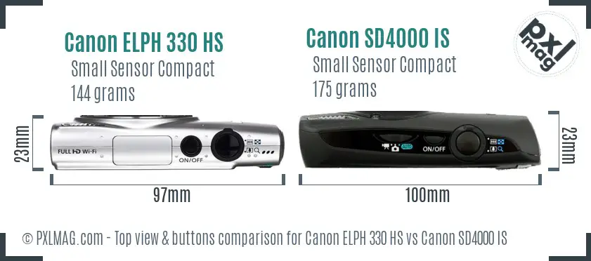 Canon ELPH 330 HS vs Canon SD4000 IS top view buttons comparison Canon ELPH 330 HS vs Canon SD4000 IS top view buttons comparison