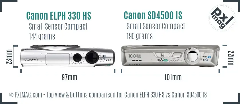 Canon ELPH 330 HS vs Canon SD4500 IS top view buttons comparison