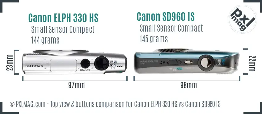 Canon ELPH 330 HS vs Canon SD960 IS top view buttons comparison