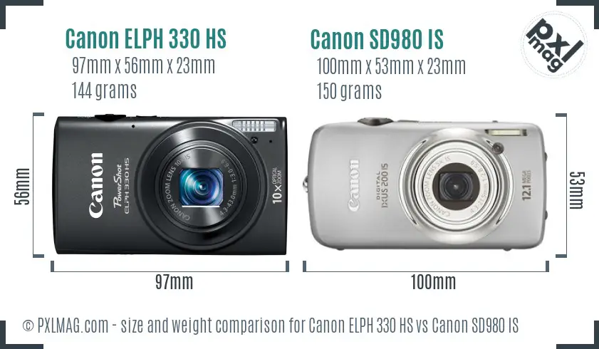 Canon ELPH 330 HS vs Canon SD980 IS size comparison
