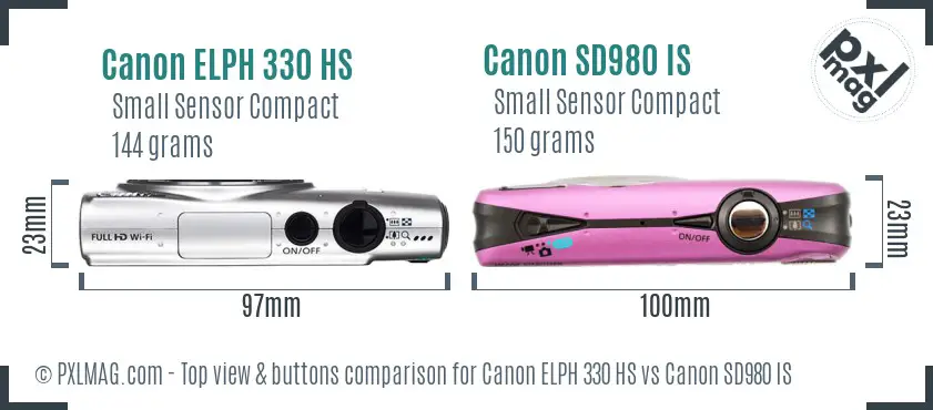 Canon ELPH 330 HS vs Canon SD980 IS top view buttons comparison