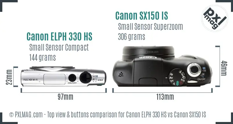 Canon ELPH 330 HS vs Canon SX150 IS top view buttons comparison