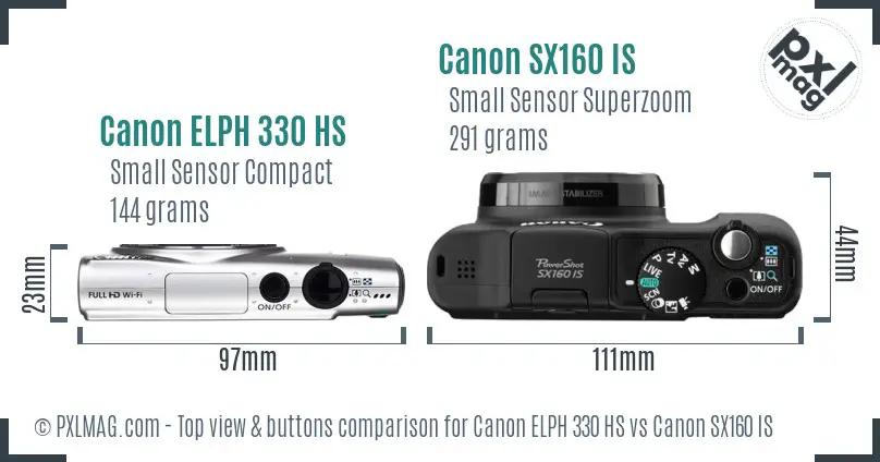 Canon ELPH 330 HS vs Canon SX160 IS top view buttons comparison