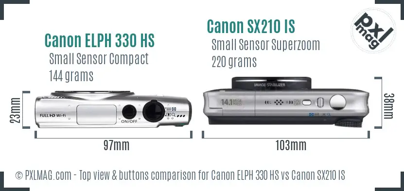 Canon ELPH 330 HS vs Canon SX210 IS top view buttons comparison