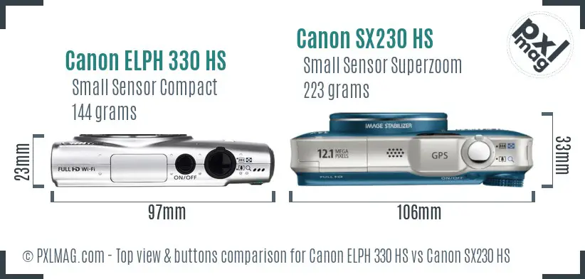Canon ELPH 330 HS vs Canon SX230 HS top view buttons comparison Canon ELPH 330 HS vs Canon SX230 HS top view buttons comparison
