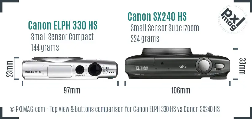 Canon ELPH 330 HS vs Canon SX240 HS top view buttons comparison