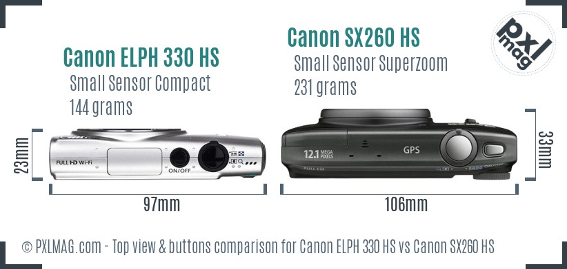 Canon ELPH 330 HS vs Canon SX260 HS top view buttons comparison