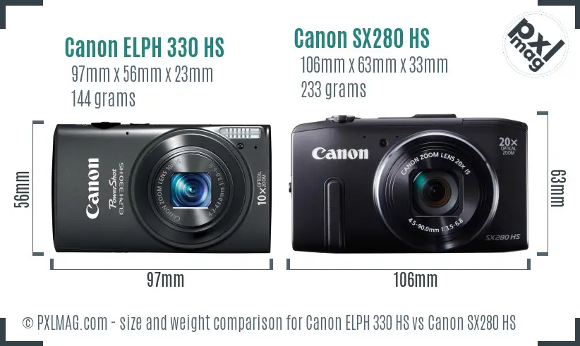 Canon ELPH 330 HS vs Canon SX280 HS size comparison Canon ELPH 330 HS vs Canon SX280 HS size comparison