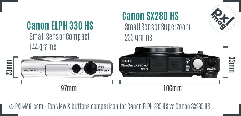 Canon ELPH 330 HS vs Canon SX280 HS top view buttons comparison Canon ELPH 330 HS vs Canon SX280 HS top view buttons comparison