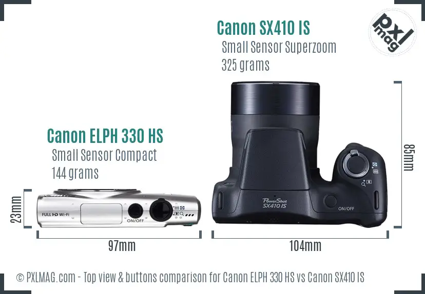 Canon ELPH 330 HS vs Canon SX410 IS top view buttons comparison Canon ELPH 330 HS vs Canon SX410 IS top view buttons comparison
