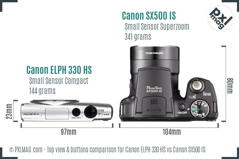 Canon ELPH 330 HS vs Canon SX500 IS top view buttons comparison Canon ELPH 330 HS vs Canon SX500 IS top view buttons comparison