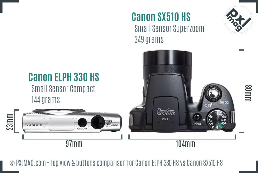 Canon ELPH 330 HS vs Canon SX510 HS top view buttons comparison