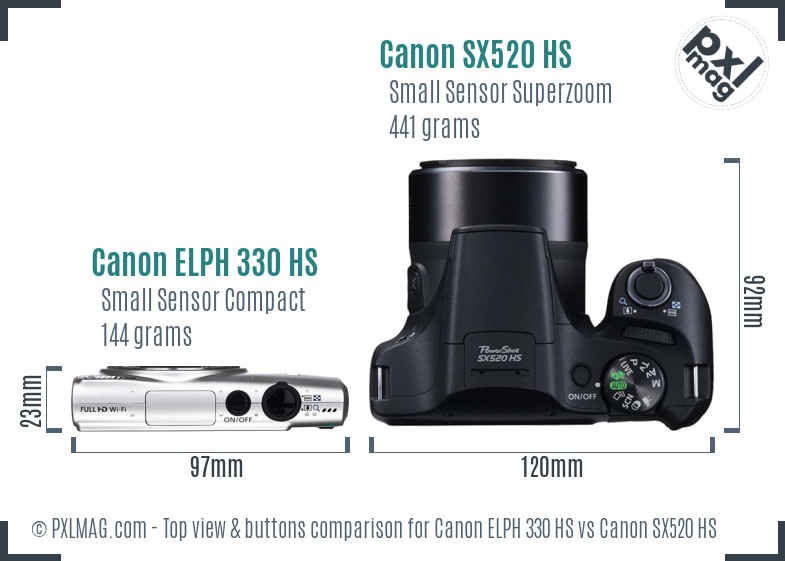 Canon ELPH 330 HS vs Canon SX520 HS top view buttons comparison