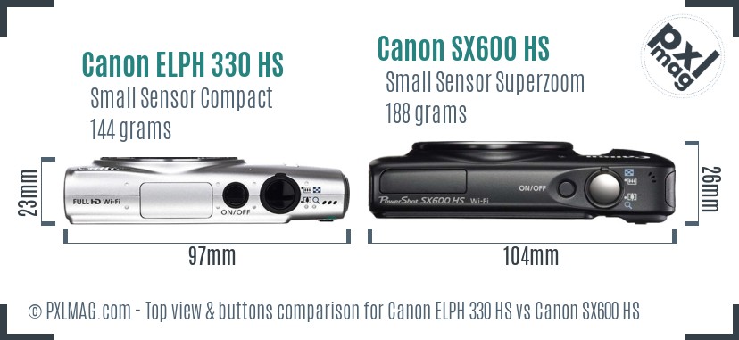 Canon ELPH 330 HS vs Canon SX600 HS top view buttons comparison