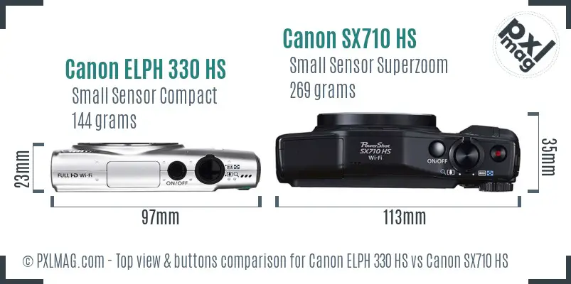 Canon ELPH 330 HS vs Canon SX710 HS top view buttons comparison