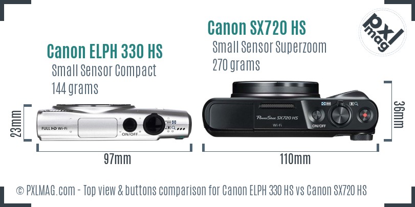 Canon ELPH 330 HS vs Canon SX720 HS top view buttons comparison