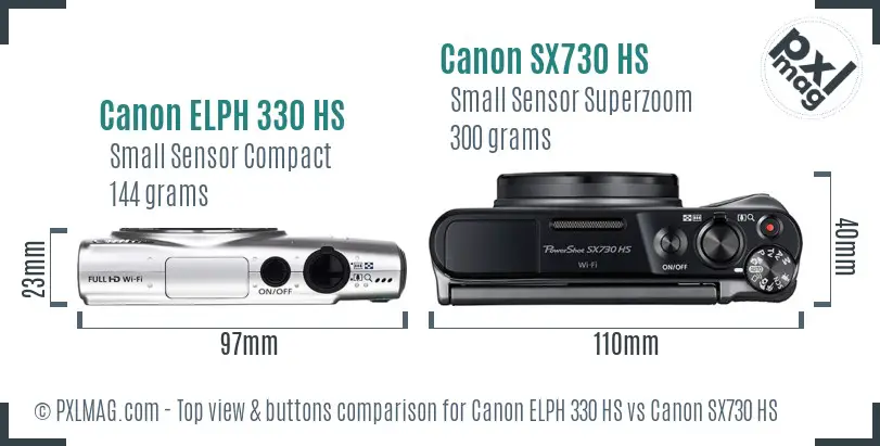 Canon ELPH 330 HS vs Canon SX730 HS top view buttons comparison