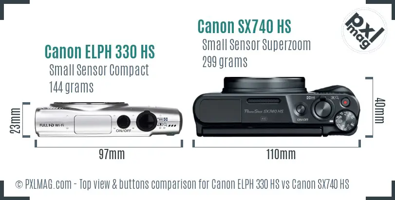 Canon ELPH 330 HS vs Canon SX740 HS top view buttons comparison