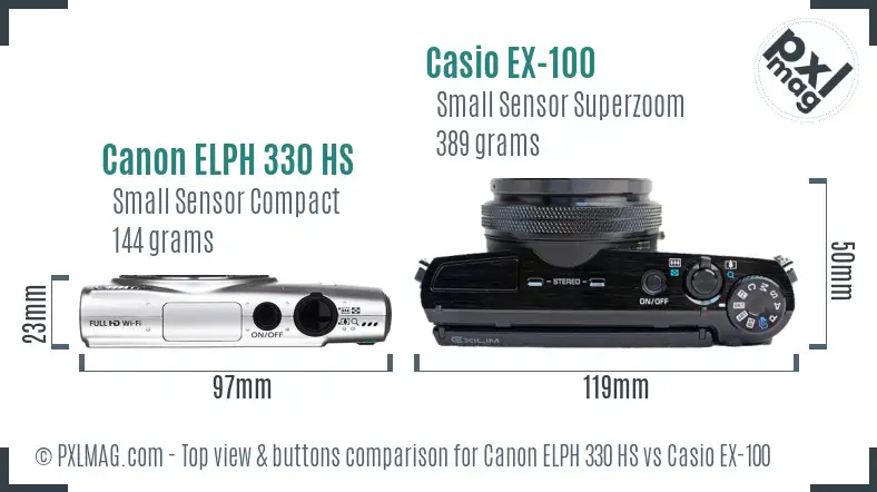 Canon ELPH 330 HS vs Casio EX-100 top view buttons comparison