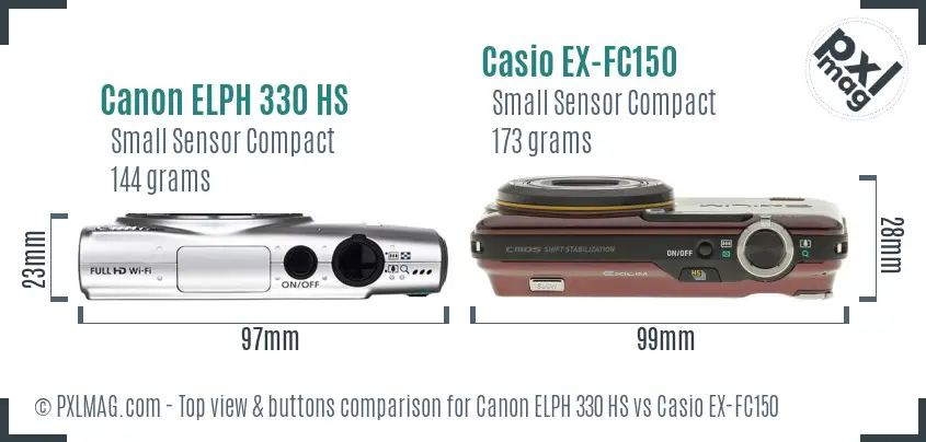 Canon ELPH 330 HS vs Casio EX-FC150 top view buttons comparison