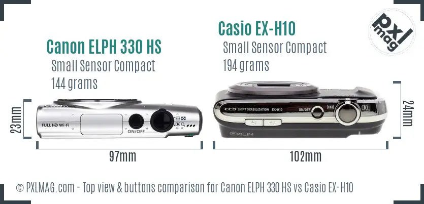 Canon ELPH 330 HS vs Casio EX-H10 top view buttons comparison Canon ELPH 330 HS vs Casio EX-H10 top view buttons comparison