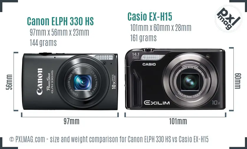 Canon ELPH 330 HS vs Casio EX-H15 size comparison Canon ELPH 330 HS vs Casio EX-H15 size comparison