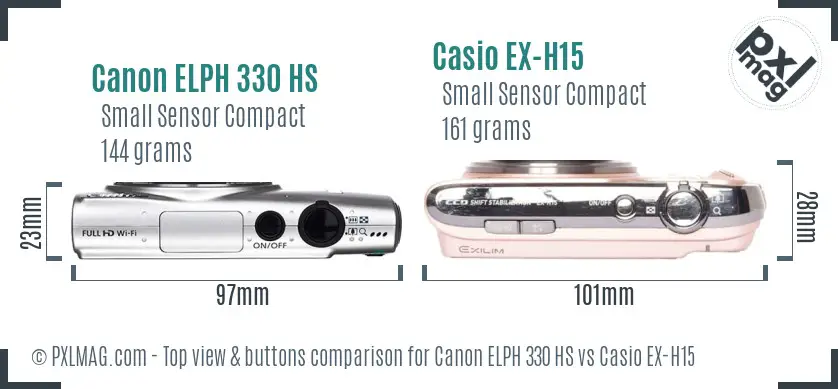 Canon ELPH 330 HS vs Casio EX-H15 top view buttons comparison Canon ELPH 330 HS vs Casio EX-H15 top view buttons comparison