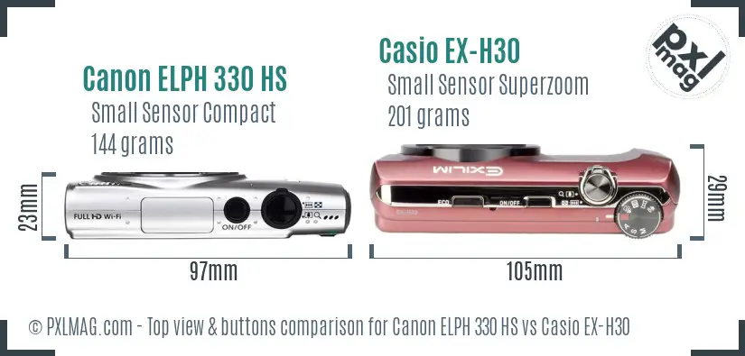 Canon ELPH 330 HS vs Casio EX-H30 top view buttons comparison