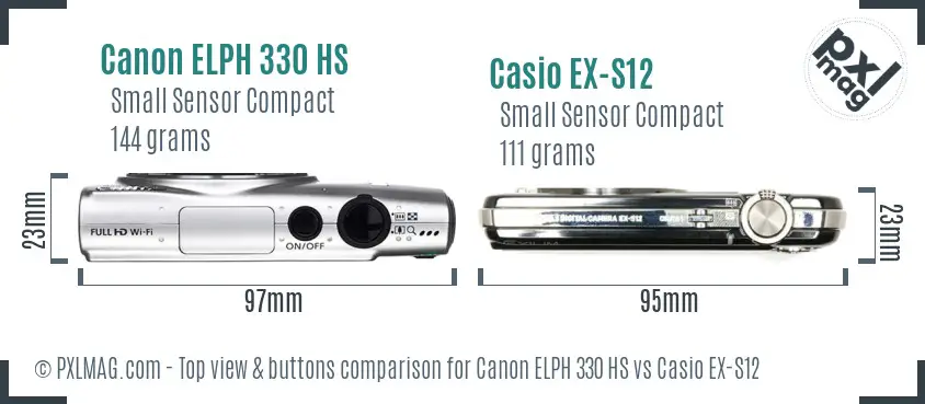 Canon ELPH 330 HS vs Casio EX-S12 top view buttons comparison