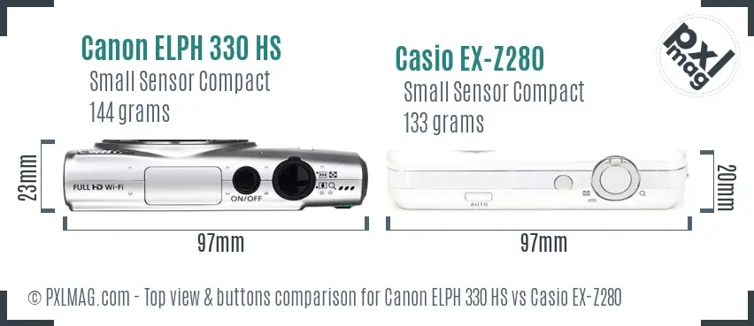 Canon ELPH 330 HS vs Casio EX-Z280 top view buttons comparison Canon ELPH 330 HS vs Casio EX-Z280 top view buttons comparison