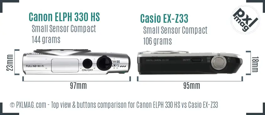 Canon ELPH 330 HS vs Casio EX-Z33 top view buttons comparison Canon ELPH 330 HS vs Casio EX-Z33 top view buttons comparison