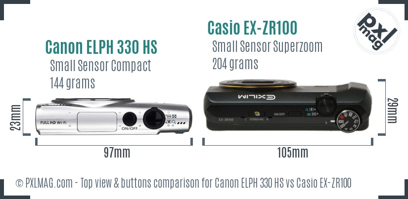 Canon ELPH 330 HS vs Casio EX-ZR100 top view buttons comparison