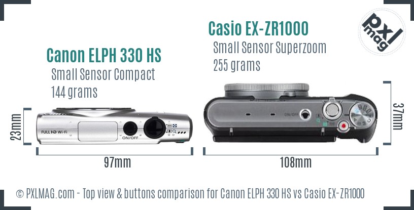 Canon ELPH 330 HS vs Casio EX-ZR1000 top view buttons comparison