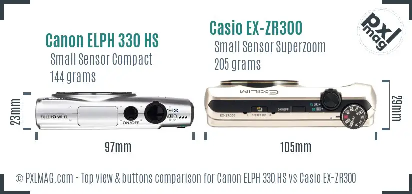 Canon ELPH 330 HS vs Casio EX-ZR300 top view buttons comparison