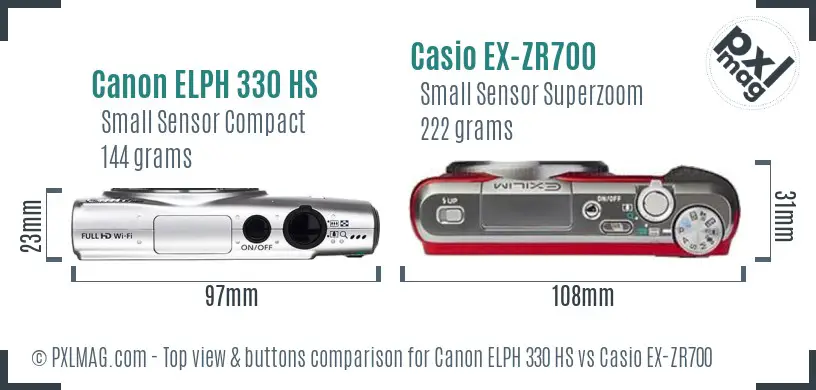 Canon ELPH 330 HS vs Casio EX-ZR700 top view buttons comparison Canon ELPH 330 HS vs Casio EX-ZR700 top view buttons comparison