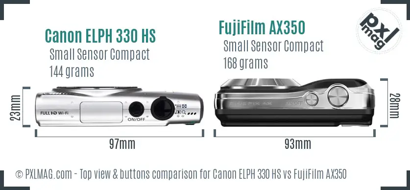Canon ELPH 330 HS vs FujiFilm AX350 top view buttons comparison