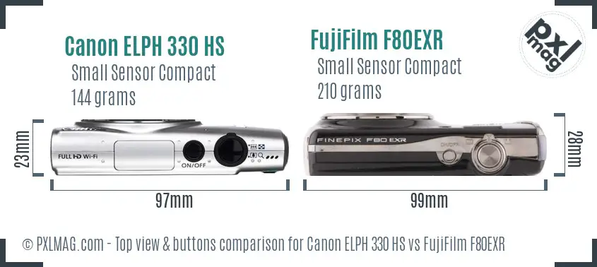 Canon ELPH 330 HS vs FujiFilm F80EXR top view buttons comparison