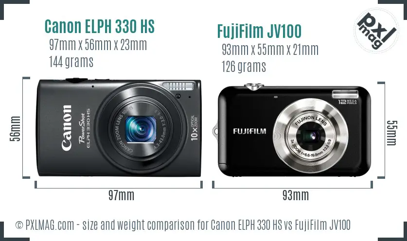 Canon ELPH 330 HS vs FujiFilm JV100 size comparison