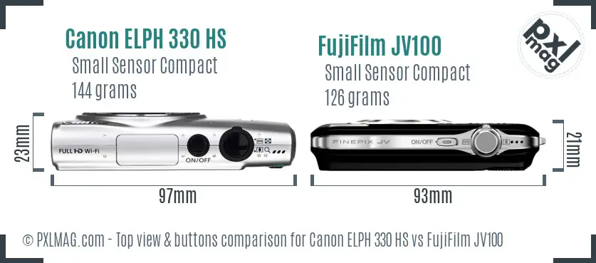 Canon ELPH 330 HS vs FujiFilm JV100 top view buttons comparison