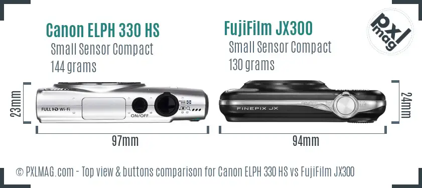 Canon ELPH 330 HS vs FujiFilm JX300 top view buttons comparison