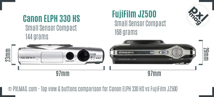 Canon ELPH 330 HS vs FujiFilm JZ500 top view buttons comparison