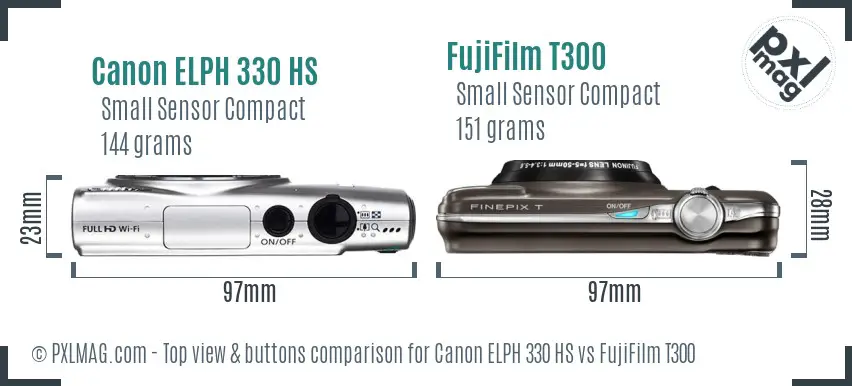 Canon ELPH 330 HS vs FujiFilm T300 top view buttons comparison