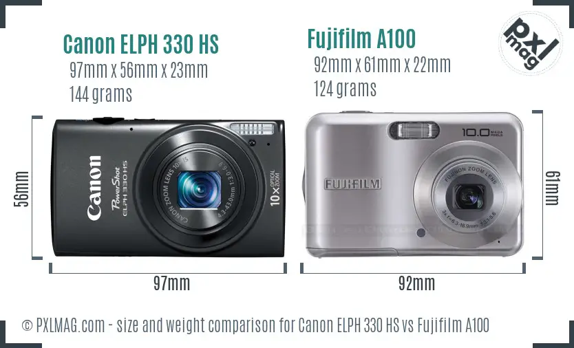 Canon ELPH 330 HS vs Fujifilm A100 size comparison