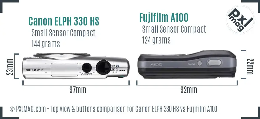 Canon ELPH 330 HS vs Fujifilm A100 top view buttons comparison