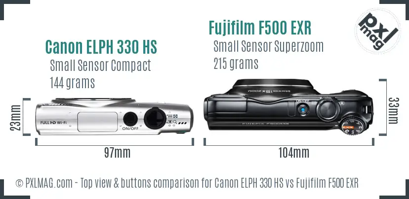 Canon ELPH 330 HS vs Fujifilm F500 EXR top view buttons comparison