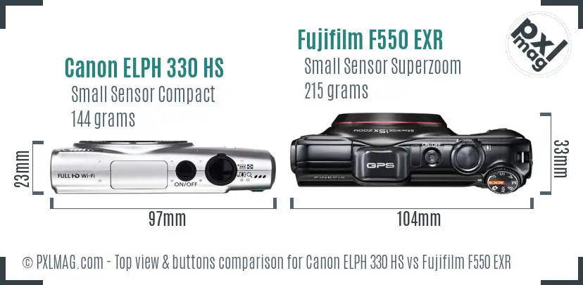 Canon ELPH 330 HS vs Fujifilm F550 EXR top view buttons comparison Canon ELPH 330 HS vs Fujifilm F550 EXR top view buttons comparison