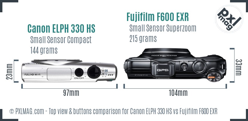 Canon ELPH 330 HS vs Fujifilm F600 EXR top view buttons comparison
