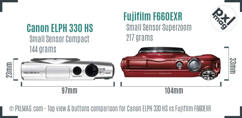 Canon ELPH 330 HS vs Fujifilm F660EXR top view buttons comparison